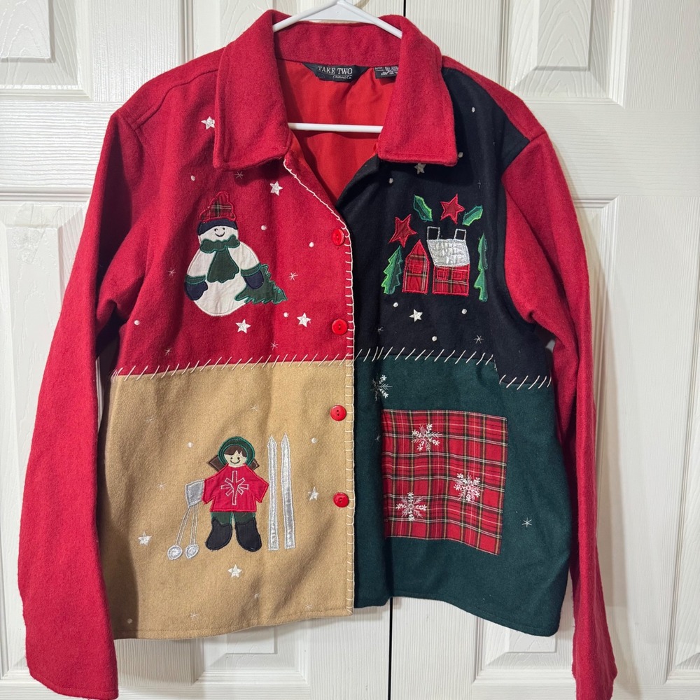 NWOT VTG TakeTwo Classic Ugly Christmas Sweater wool Jacket snowman Patchwork XL